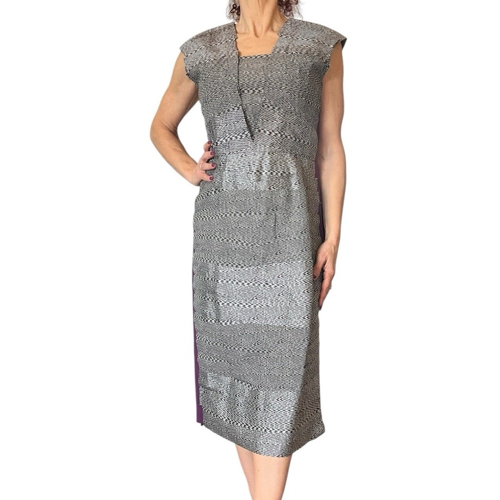PORTS 1961 WOMEN'S 8 SHEATH DRESS MIDI SLEEVELESS PANEL SILK GRAY PURPLE PRINTED